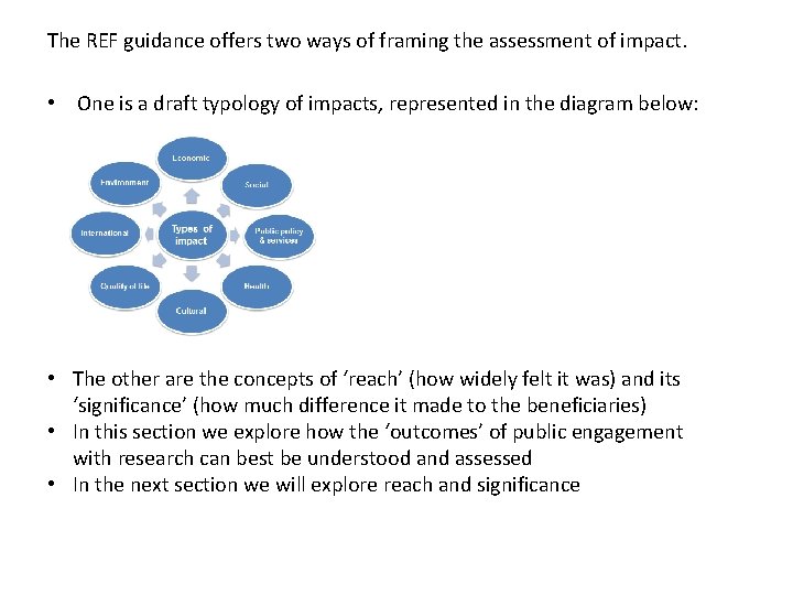 The REF guidance offers two ways of framing the assessment of impact. • One
