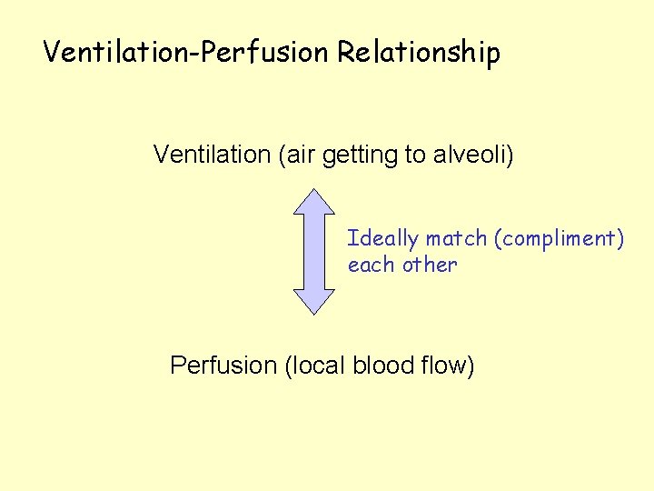 Ventilation-Perfusion Relationship Ventilation (air getting to alveoli) Ideally match (compliment) each other Perfusion (local