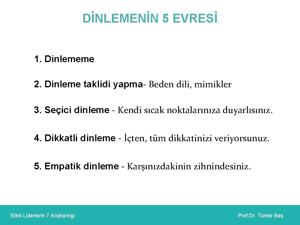 DİNLEMENİN 5 EVRESİ 1. Dinlememe 2. Dinleme taklidi yapma- Beden dili, mimikler 3. Seçici