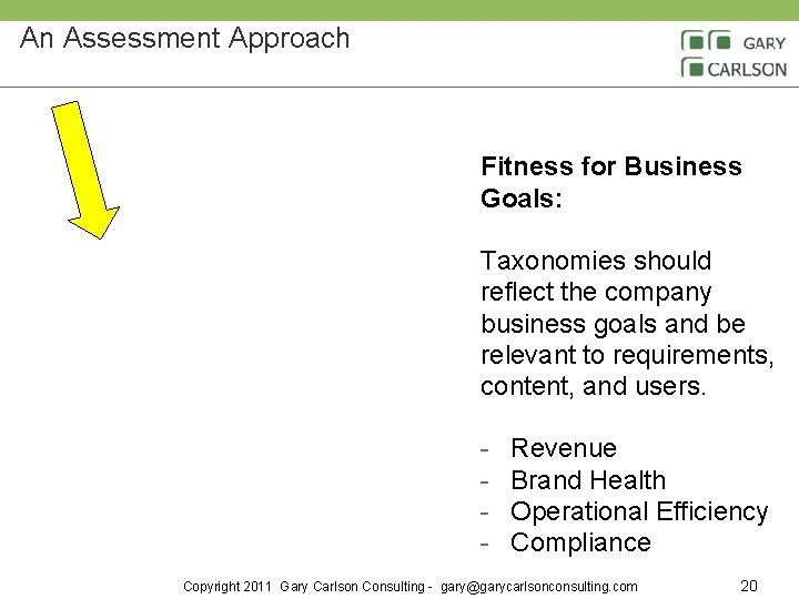 An Assessment Approach Fitness for Business Goals: Taxonomies should reflect the company business goals