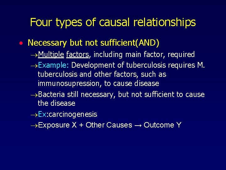 Four types of causal relationships · Necessary but not sufficient(AND) ®Multiple factors, including main