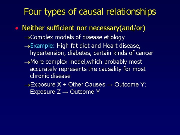 Four types of causal relationships · Neither sufficient nor necessary(and/or) ®Complex models of disease