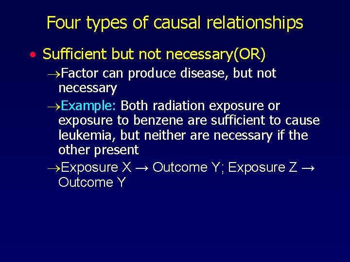 Four types of causal relationships · Sufficient but not necessary(OR) ®Factor can produce disease,