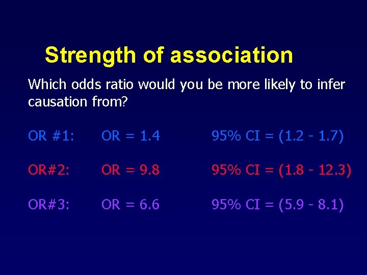 Strength of association Which odds ratio would you be more likely to infer causation