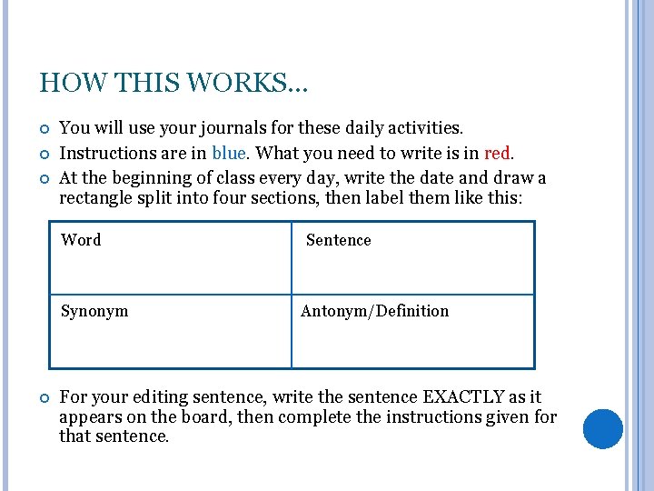 HOW THIS WORKS. . . You will use your journals for these daily activities.