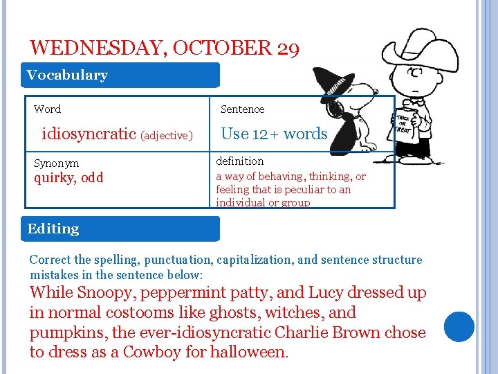 WEDNESDAY, OCTOBER 29 Vocabulary Word idiosyncratic (adjective) Synonym quirky, odd Sentence Use 12+ words