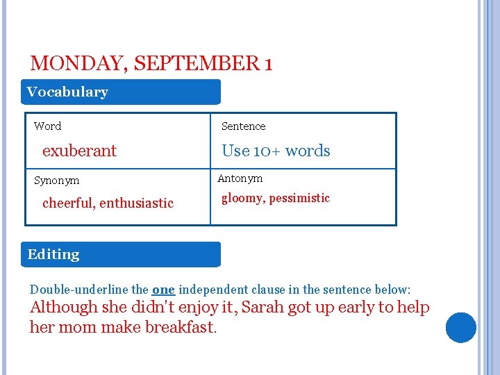 MONDAY, SEPTEMBER 1 Vocabulary Word exuberant Synonym cheerful, enthusiastic Sentence Use 10+ words Antonym