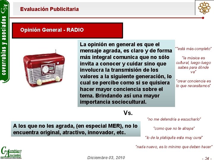 Evaluación Publicitaria Opinión General - RADIO La opinión en general es que el mensaje