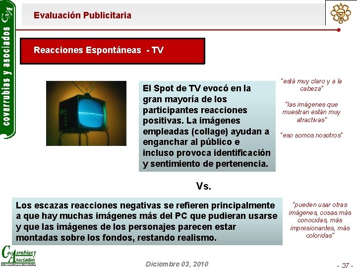 Evaluación Publicitaria Reacciones Espontáneas - TV El Spot de TV evocó en la gran