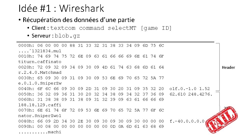 Idée #1 : Wireshark • Récupération des données d’une partie • Client : textcom