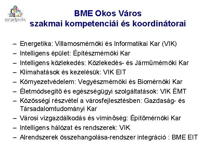 BME Okos Város szakmai kompetenciái és koordinátorai – – – – Energetika: Villamosmérnöki és