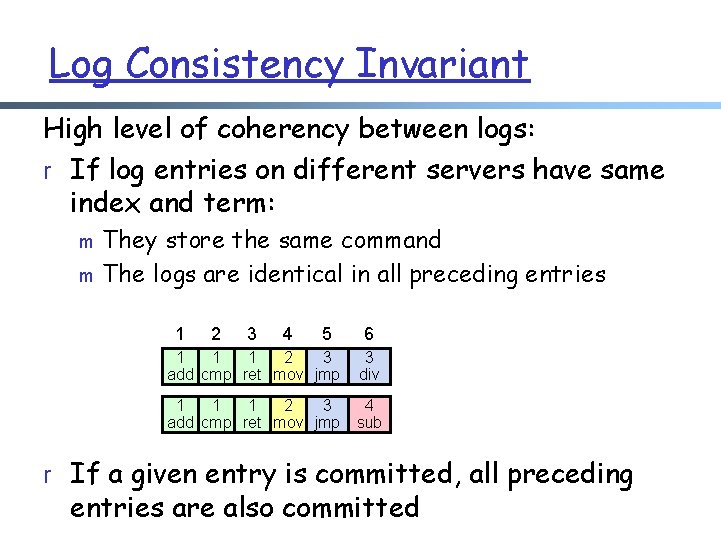 Log Consistency Invariant High level of coherency between logs: r If log entries on