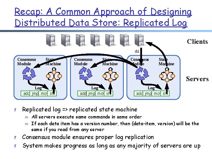 Recap: A Common Approach of Designing Distributed Data Store: Replicated Log Clients shl Consensus