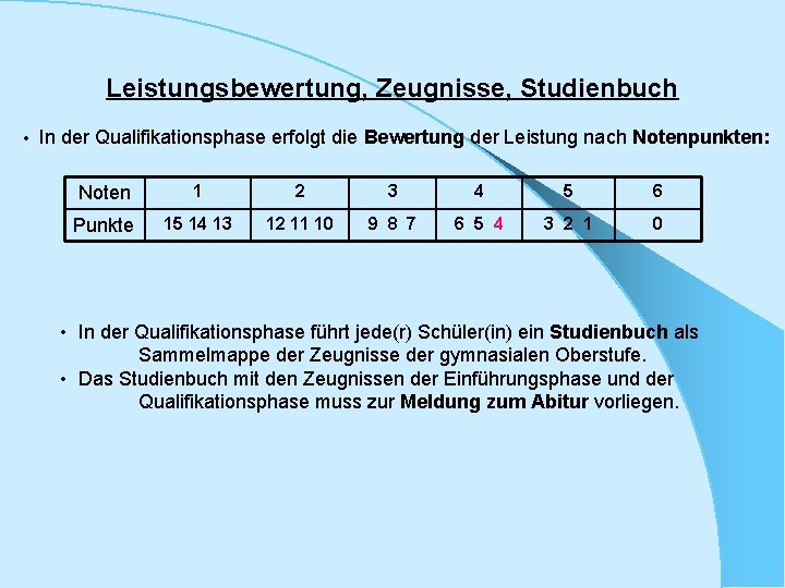 Leistungsbewertung, Zeugnisse, Studienbuch • In der Qualifikationsphase erfolgt die Bewertung der Leistung nach Notenpunkten: