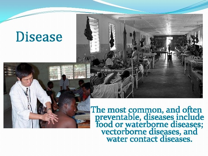 Disease The most common, and often preventable, diseases include food or waterborne diseases; vectorborne