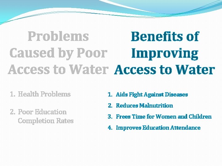 Problems Benefits of Caused by Poor Improving Access to Water 1. Health Problems 2.