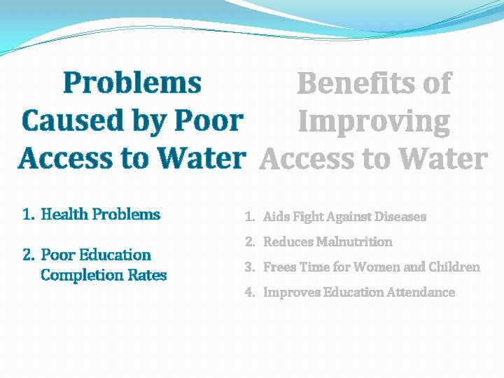 Problems Benefits of Caused by Poor Improving Access to Water 1. Health Problems 2.