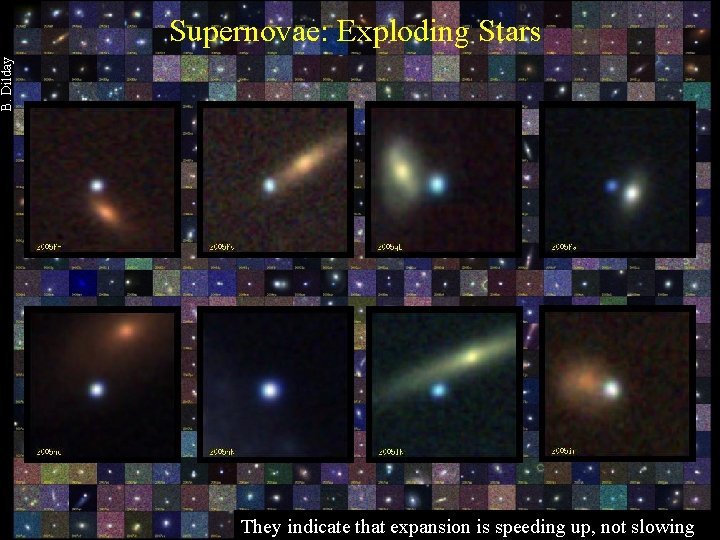 B. Dilday Supernovae: Exploding Stars They indicate that expansion is speeding up, not slowing