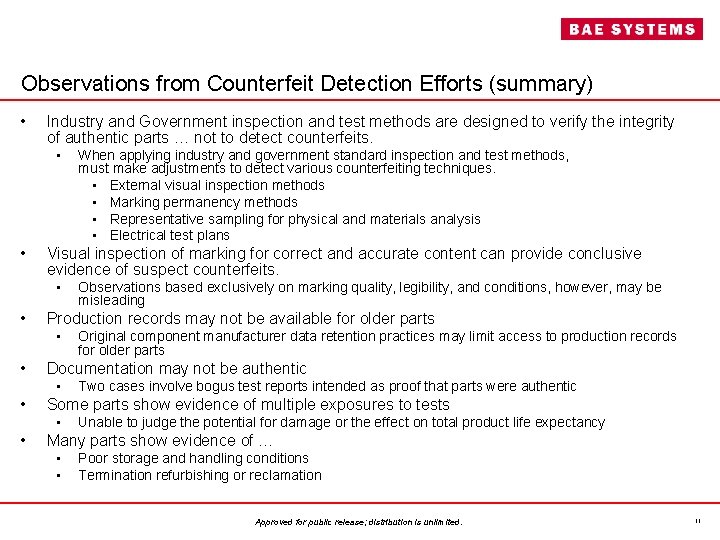 Observations from Counterfeit Detection Efforts (summary) • Industry and Government inspection and test methods