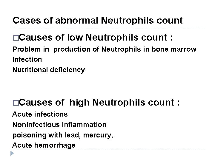 Cases of abnormal Neutrophils count �Causes of low Neutrophils count : Problem in production