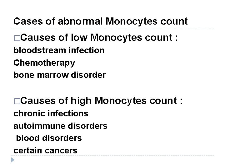 Cases of abnormal Monocytes count �Causes of low Monocytes count : bloodstream infection Chemotherapy