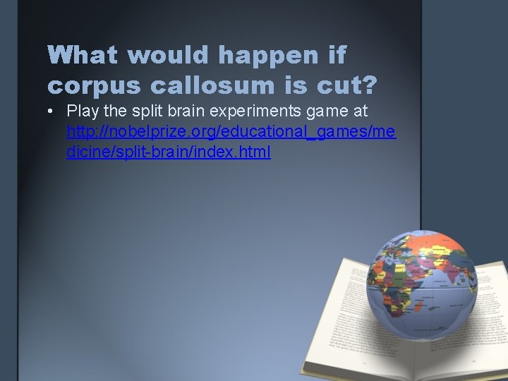 What would happen if corpus callosum is cut? • Play the split brain experiments What would happen if corpus callosum is cut? • Play the split brain experiments