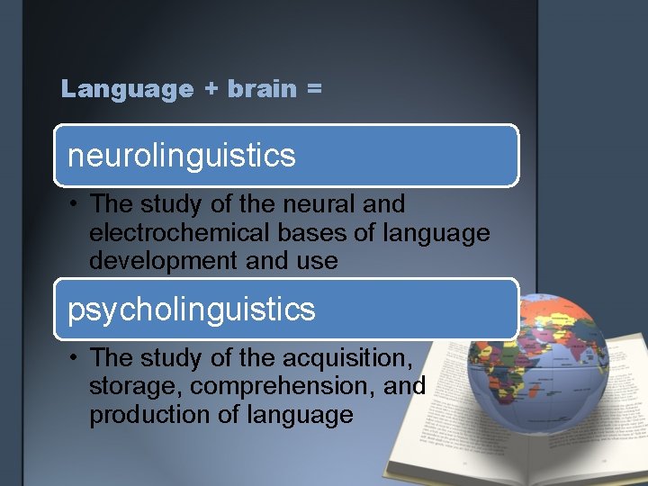 Language + brain = neurolinguistics • The study of the neural and electrochemical bases