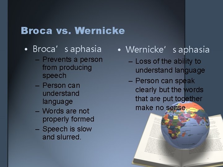 Broca vs. Wernicke • Broca’s aphasia – Prevents a person from producing speech – Broca vs. Wernicke • Broca’s aphasia – Prevents a person from producing speech –