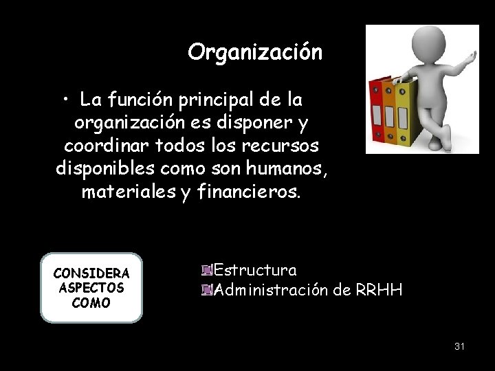 Organización • La función principal de la organización es disponer y coordinar todos los