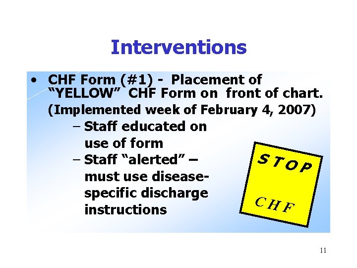 Interventions • CHF Form (#1) - Placement of “YELLOW” CHF Form on front of