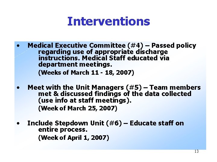 Interventions • Medical Executive Committee (#4) – Passed policy regarding use of appropriate discharge