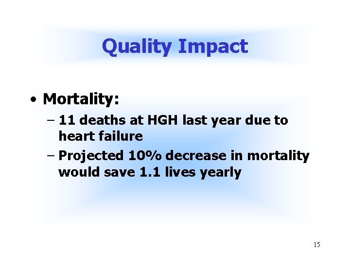 Quality Impact • Mortality: – 11 deaths at HGH last year due to heart
