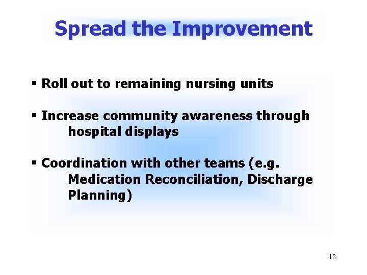 Spread the Improvement § Roll out to remaining nursing units § Increase community awareness