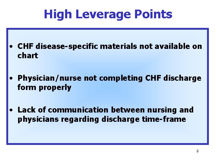 High Leverage Points • CHF disease-specific materials not available on chart • Physician/nurse not