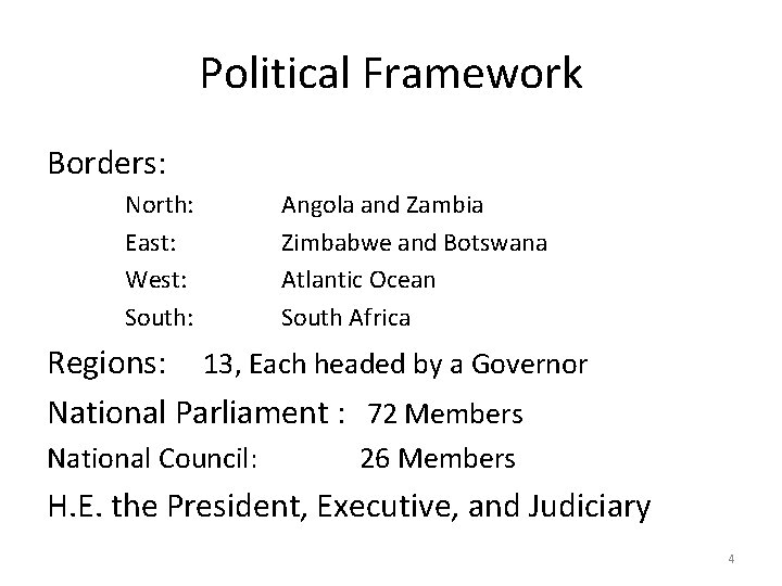 Political Framework Borders: North: East: West: South: Angola and Zambia Zimbabwe and Botswana Atlantic