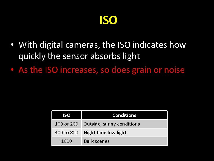 ISO • With digital cameras, the ISO indicates how quickly the sensor absorbs light