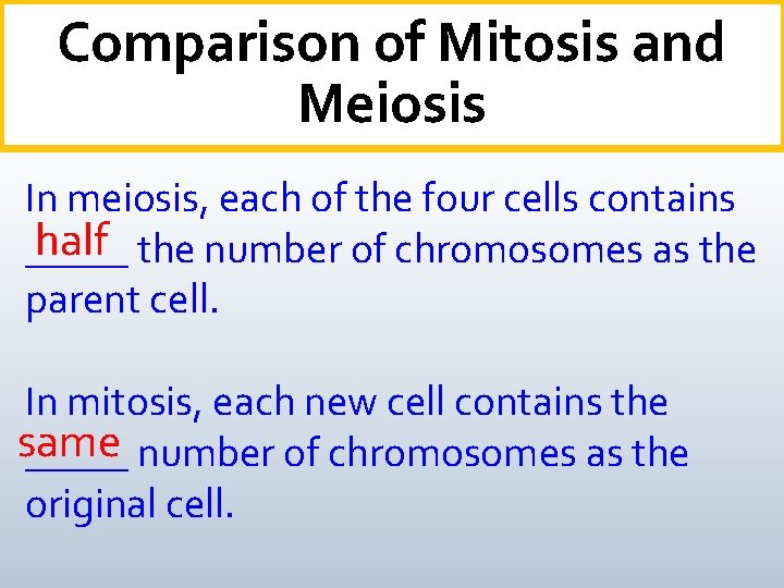 Comparison of Mitosis and Meiosis In meiosis, each of the four cells contains half