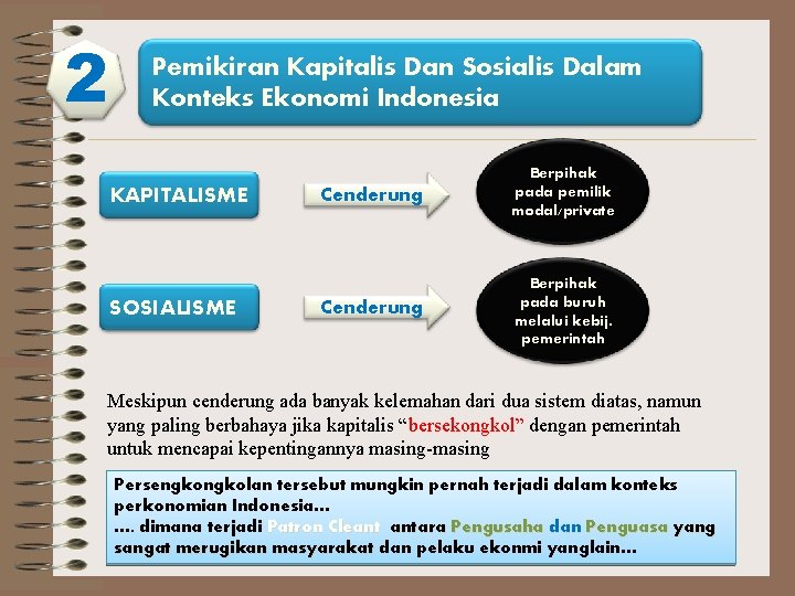 2 Pemikiran Kapitalis Dan Sosialis Dalam Konteks Ekonomi Indonesia KAPITALISME SOSIALISME Cenderung Berpihak pada