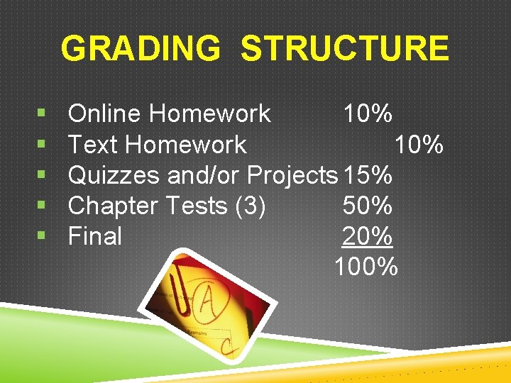 GRADING STRUCTURE § § § Online Homework 10% Text Homework 10% Quizzes and/or Projects