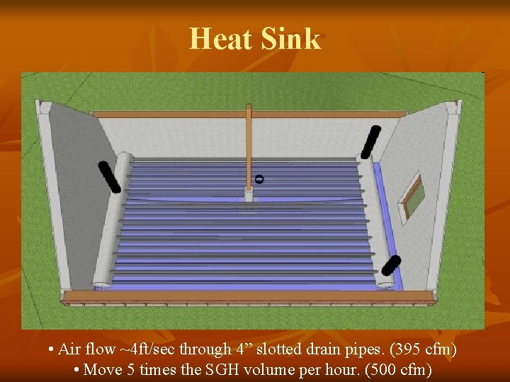 Heat Sink • Air flow ~4 ft/sec through 4” slotted drain pipes. (395 cfm)