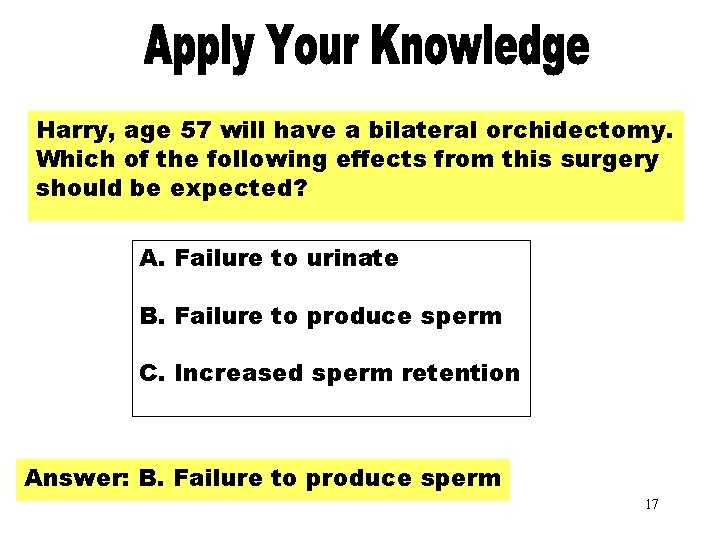 Apply Your Knowledge Harry, age 57 will have a bilateral orchidectomy. Which of the
