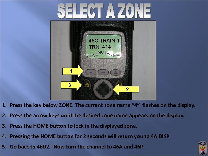 46 C TRAIN 1 TRN 414 MUTE ZONE VIEW 1 3 2 1. Press