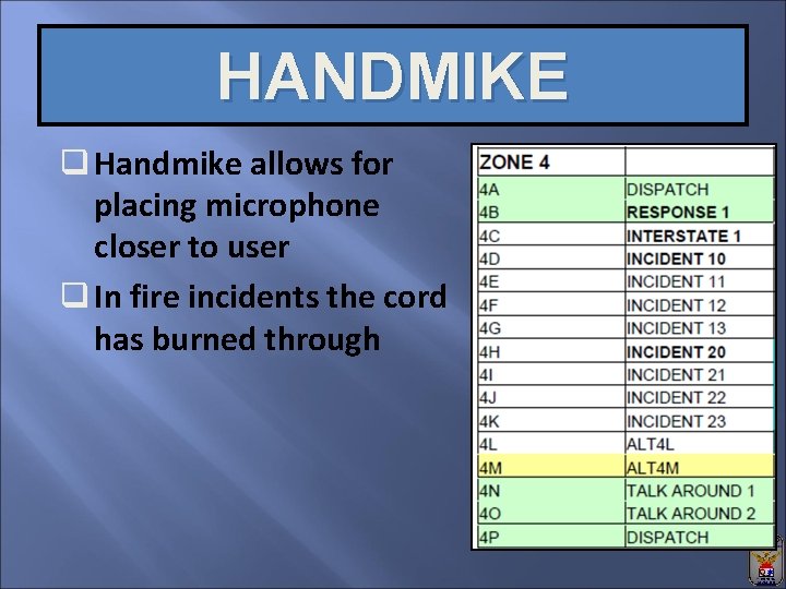 HANDMIKE q Handmike allows for placing microphone closer to user q In fire incidents