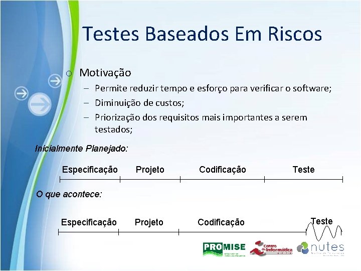 Testes Baseados Em Riscos o Motivação – Permite reduzir tempo e esforço para verificar