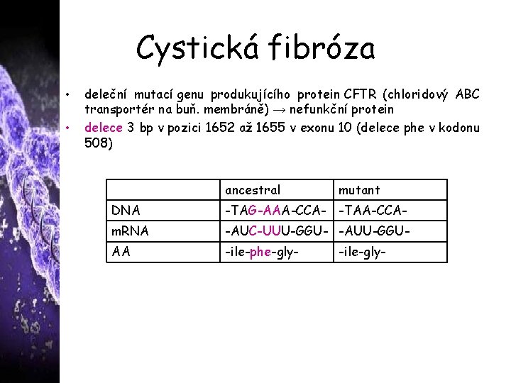 Cystická fibróza • • deleční mutací genu produkujícího protein CFTR (chloridový ABC transportér na