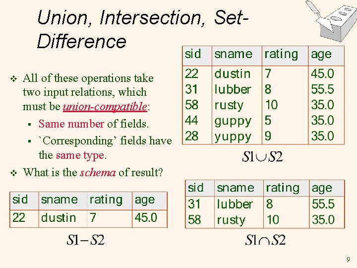 Union, Intersection, Set. Difference v v All of these operations take two input relations, Union, Intersection, Set. Difference v v All of these operations take two input relations,