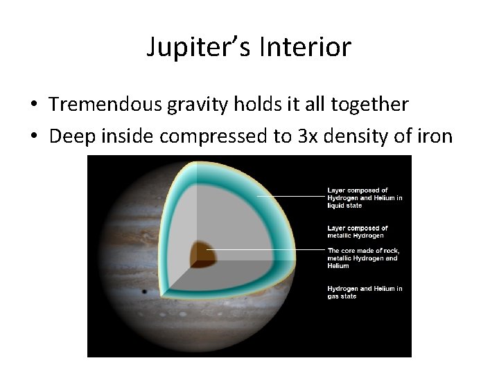 Jupiter’s Interior • Tremendous gravity holds it all together • Deep inside compressed to