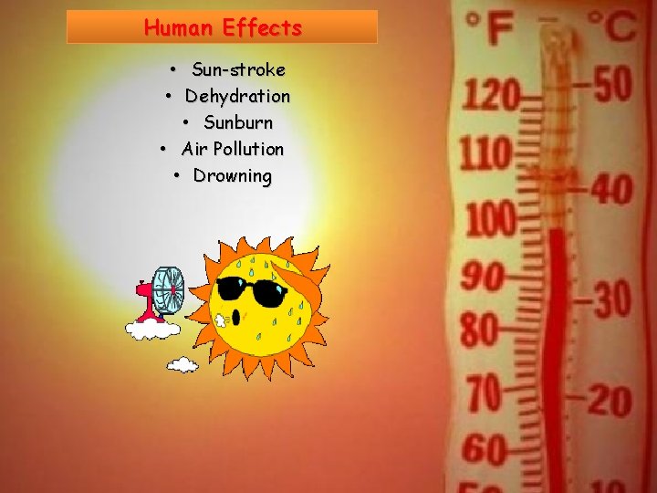 Human Effects • Sun-stroke • Dehydration • Sunburn • Air Pollution • Drowning Human Effects • Sun-stroke • Dehydration • Sunburn • Air Pollution • Drowning