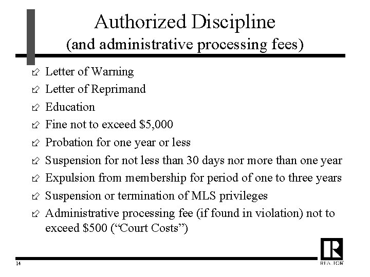 Authorized Discipline (and administrative processing fees) ÷ ÷ ÷ ÷ ÷ 14 Letter of
