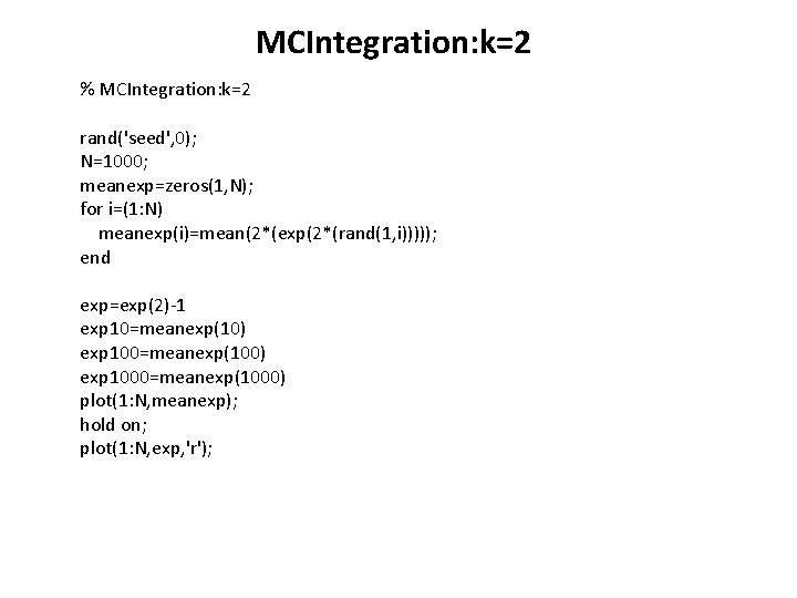MCIntegration: k=2 % MCIntegration: k=2 rand('seed', 0); N=1000; meanexp=zeros(1, N); for i=(1: N) meanexp(i)=mean(2*(exp(2*(rand(1,